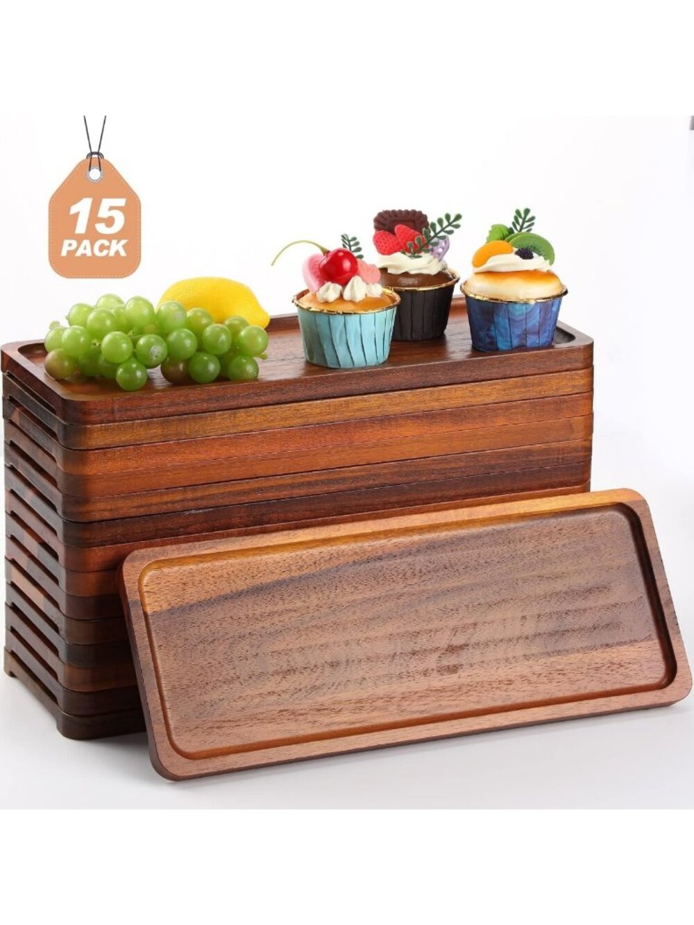 15 Pack Solid Wood Serving Trays - Large Acacia Charcuterie Boards for Home